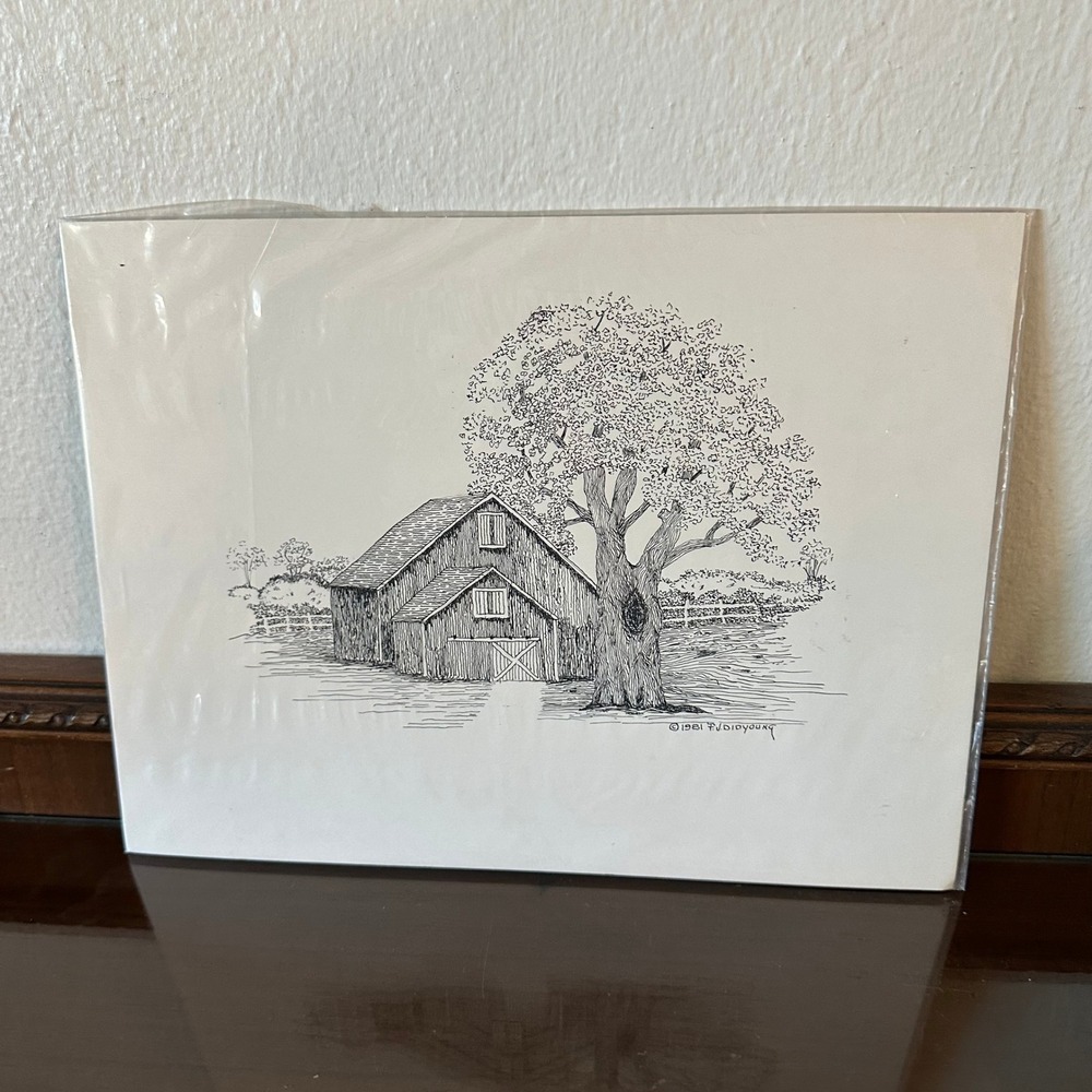 Vintage 1981 F. J. DeYoung Pen and Ink Barn Tree Sketch Illustration 12x9